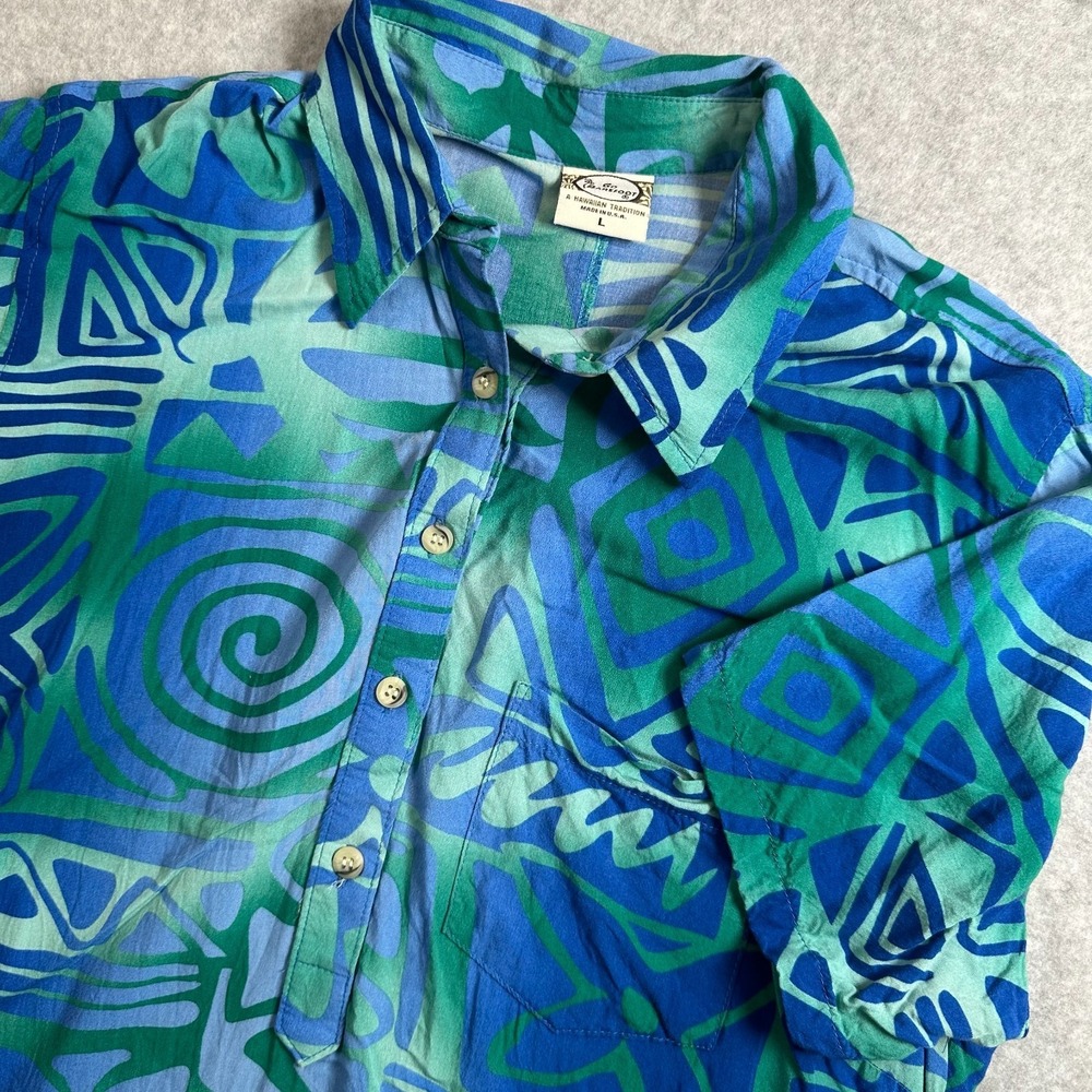 Vintage Go Barefoot Hawaiian Shirt Men's L Blue Green Rayon Aloha Made USA
